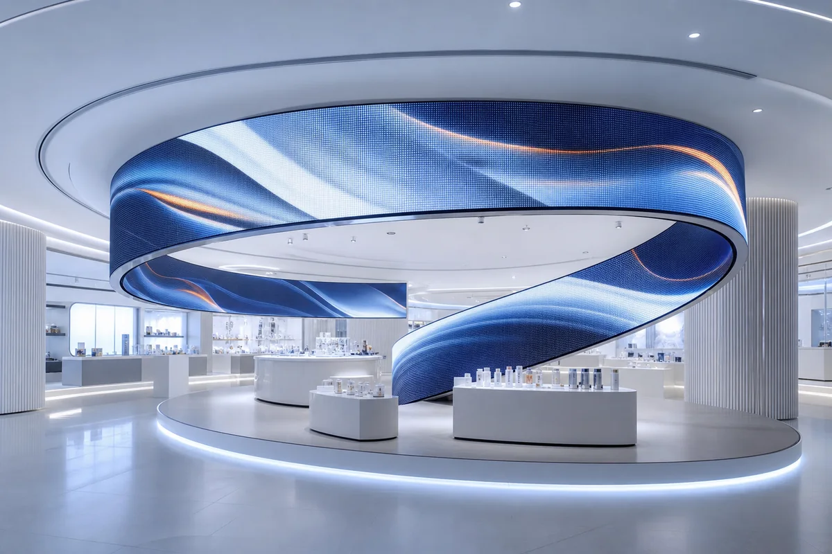 Curved creative LED installation in a modern retail showroom