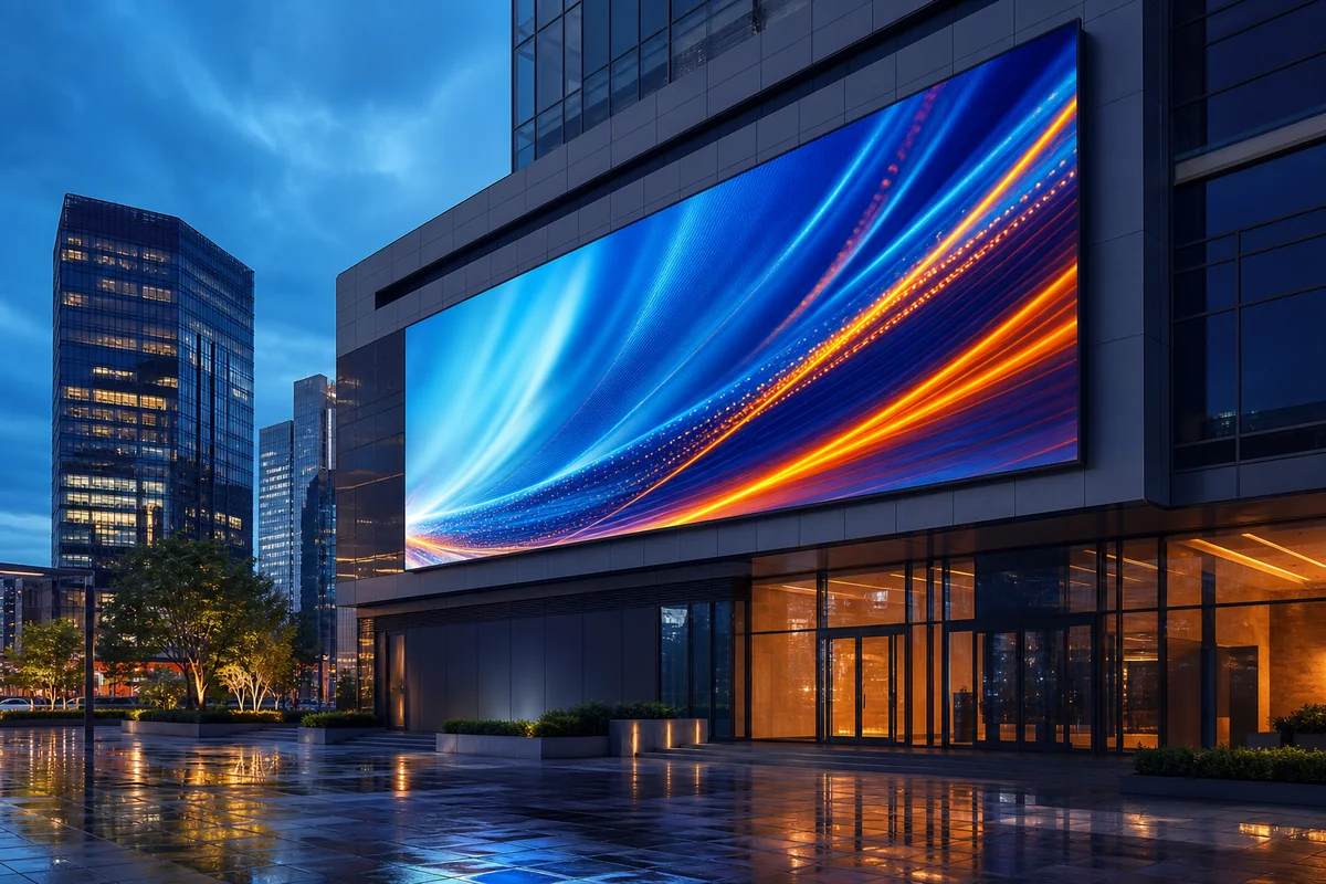 Large outdoor LED billboard installed on a modern commercial building